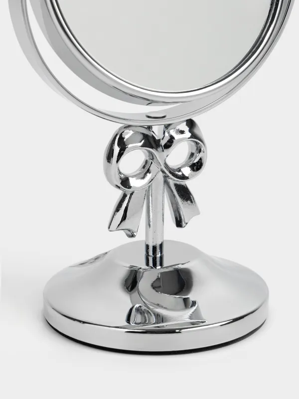 Table mirror, 16x9 / 7 cm, double-sided, on a leg, metal, round, silver, Fantastic, image-2