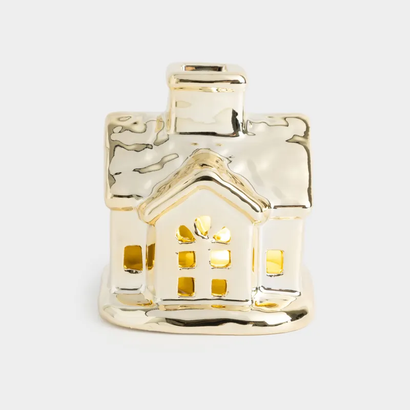 Statuette, illuminated, 8 cm, porcelain P, golden, House, House shape