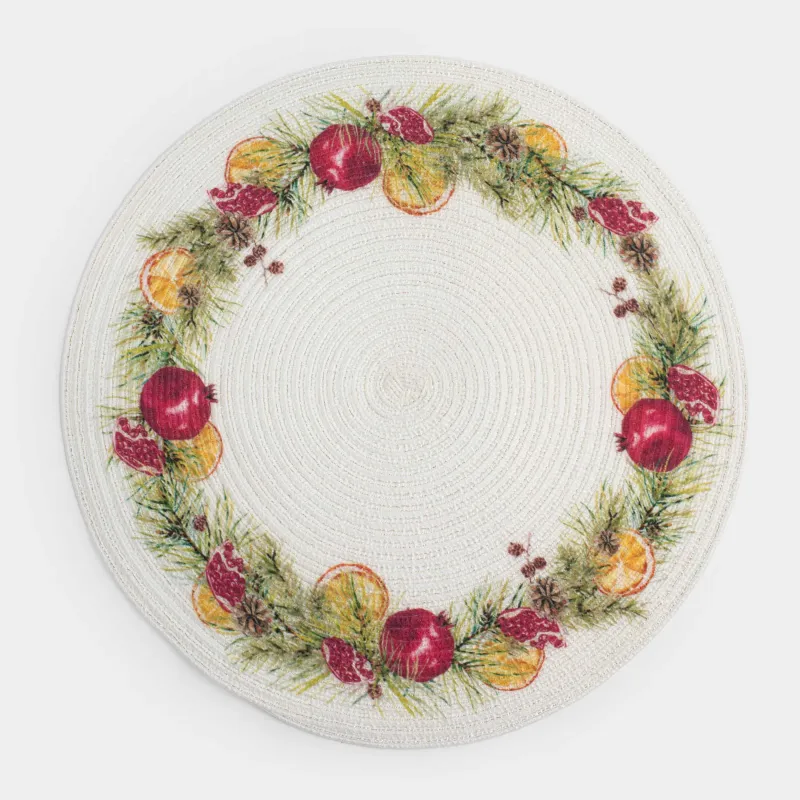 Placemat, 38 cm, polyester, round, white, Pomegranates and oranges, Rotary print