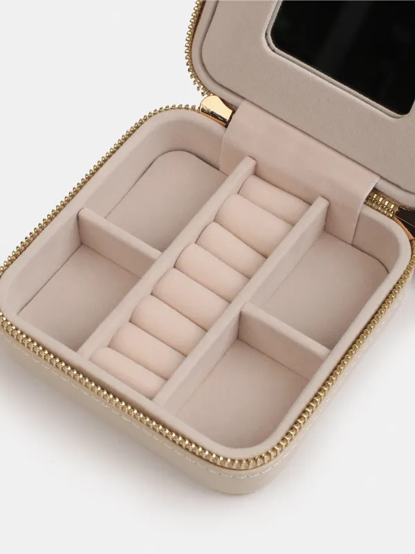 Jewelry box, 12x12 cm, with mirror, PU leather / MDF, beige, Premiere small, image-5
