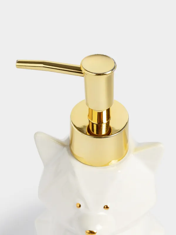 Liquid soap dispenser, 280 ml, ceramic / plastic, white and gold, Cat, Art modern, image-3