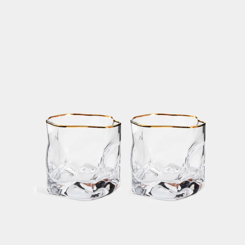 Drinking glass, 8 cm, 245 ml, 2 pcs, glass, with golden edging, Slalom gold