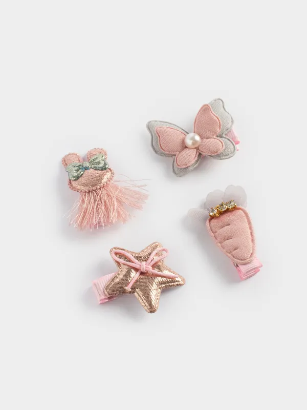 Hair clip set, 3 cm, 4 pcs, Children's, Polyester / Plastic, Pink, Butterfly, Gracile, image-1