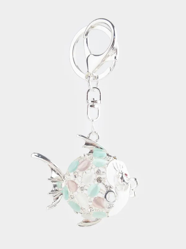 Keychain, 12 cm, metal / rhinestones, gold, Fish ball, Keychain crystal, image-0