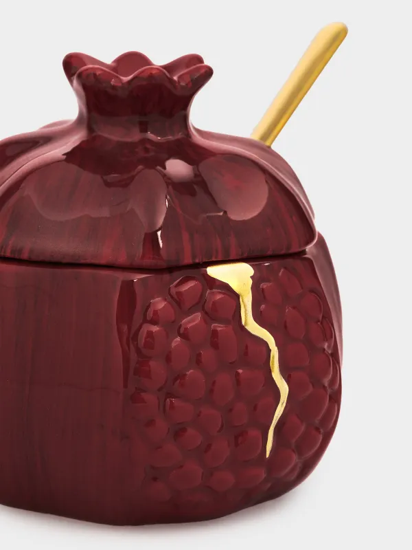 Sugar bowl, 9 cm, 200 ml, with spoon, ceramic / steel, Burgundy, Pomegranate, Pomegranate, image-1