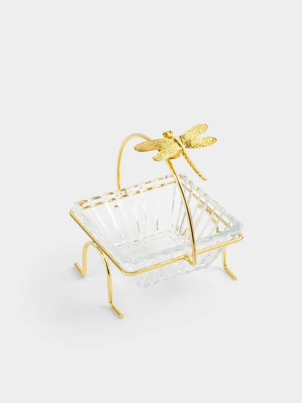 Bowl, 12x12x5 cm, 250 ml, on a stand, gold, glass / metal, Dragonfly, Dragonfly, image-2