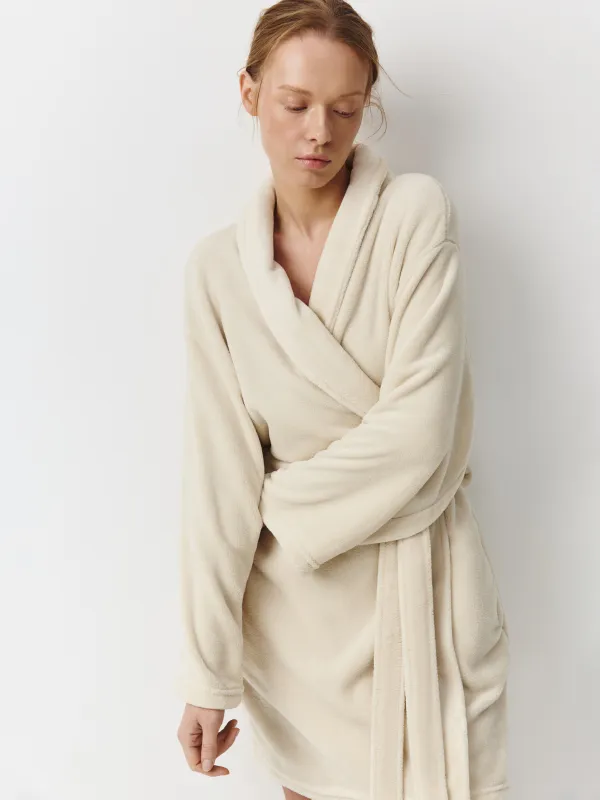 Bathrobe for women, homewear, size L-XL, with long sleeves, fleece, milk, Letisha, image-0