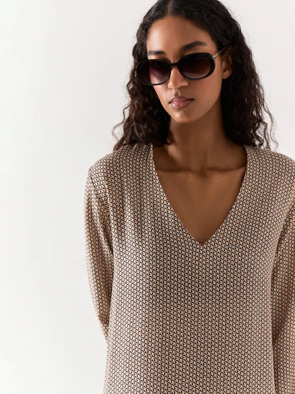 Women's dress, maxi, size S, with long sleeves, viscose, beige, Geometric Pattern, Emri, image-2