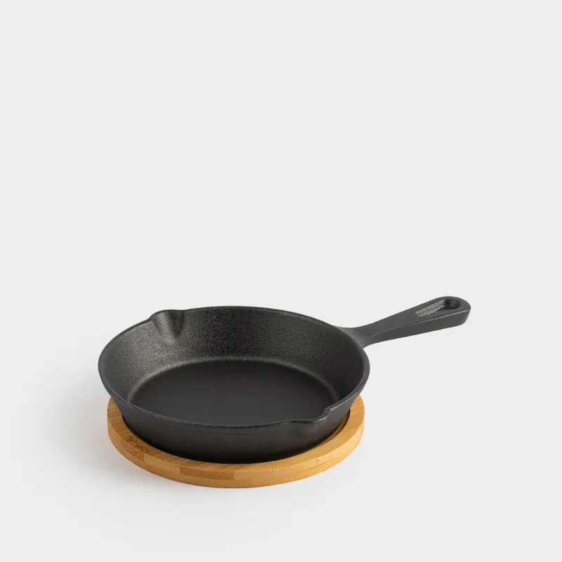 Frying pan, 14 cm, on a stand, cast iron / bamboo, round, black, Authentic