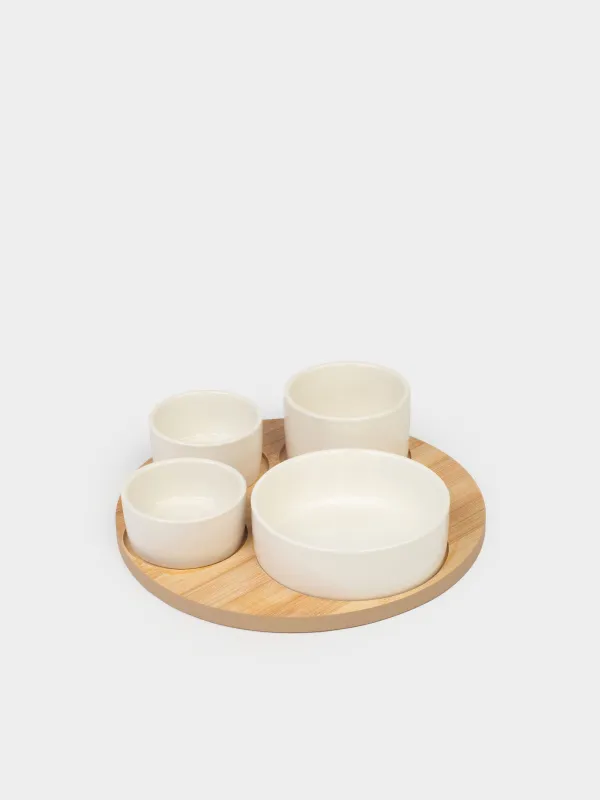 Snack set, 4 pcs, on a stand, ceramic / bamboo, white, round bowls, Bamboo, image-0