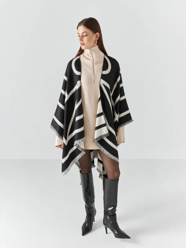 Poncho, 130x160 cm, with fringe, double-sided, viscose / polyester, milky black, poncho, image-0