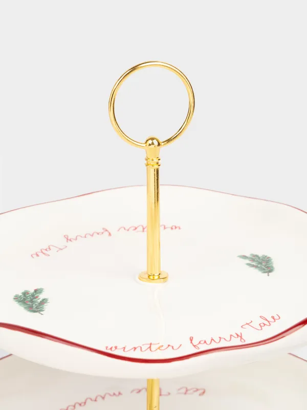 Cake stand, 25x21 / 26 cm, 2 tiers, ceramic / metal, Christmas tree and horse, Christmas tree, image-1