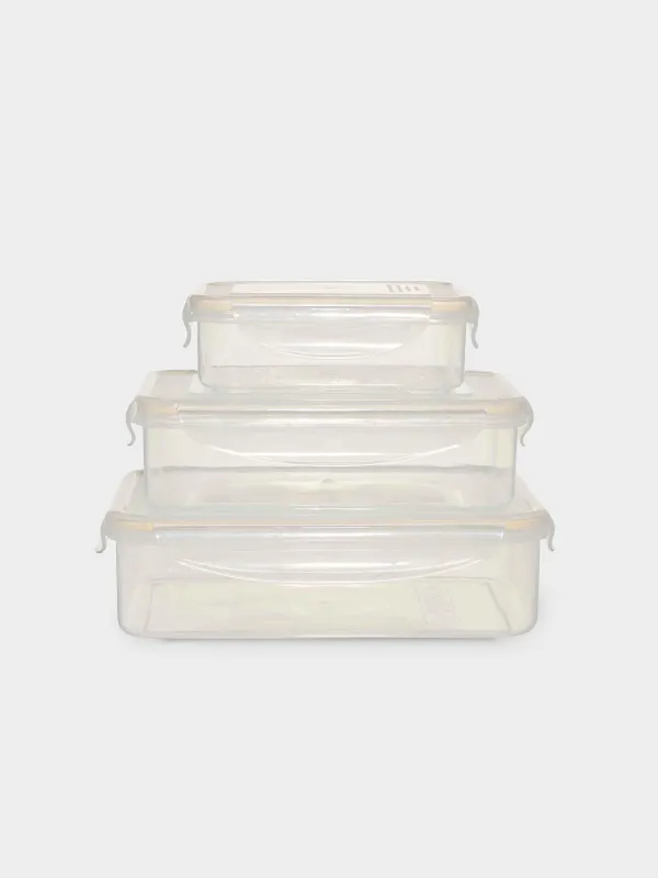 Container set, 3 pcs, with clips, plastic / silicone, rectangular, beige, Roomy clip, image-0