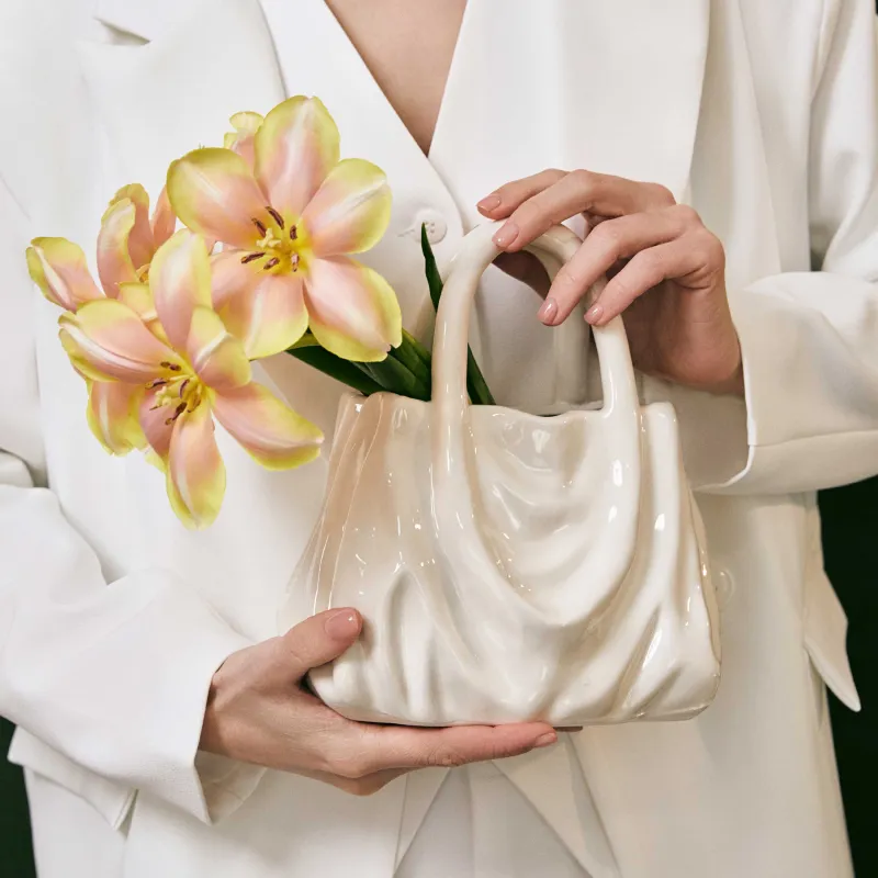 Flower vase, 20x22 cm, decorative, ceramic, milky, Crumpled effect, Bag, Crumple, image-7