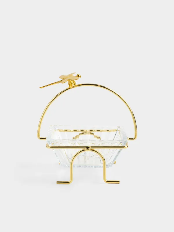 Bowl, 12x12x5 cm, 250 ml, on a stand, gold, glass / metal, Dragonfly, Dragonfly, image-0