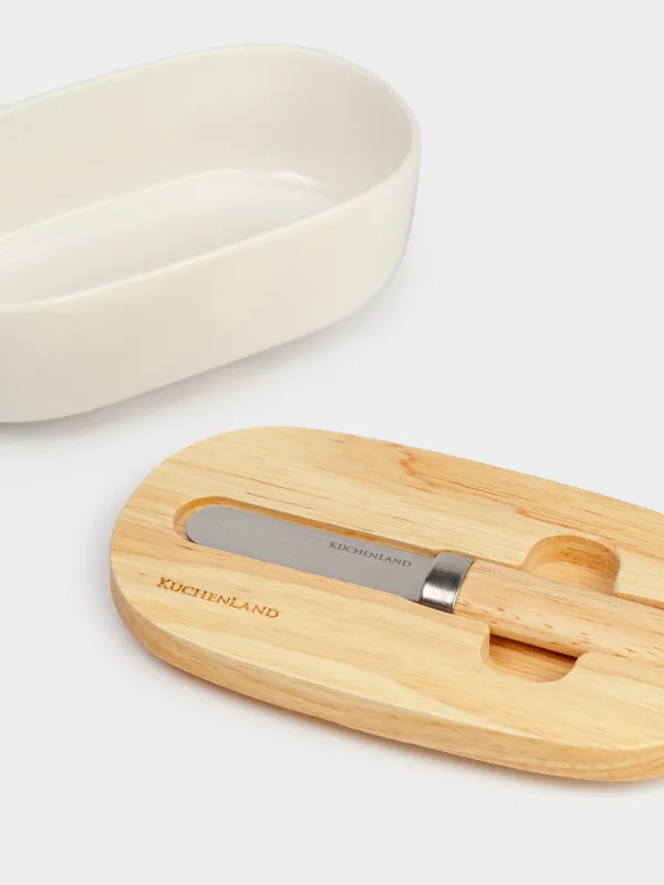 Butter dish, 15 cm, with knife, porcelain N / wood, oval, Light kitchen, image-3