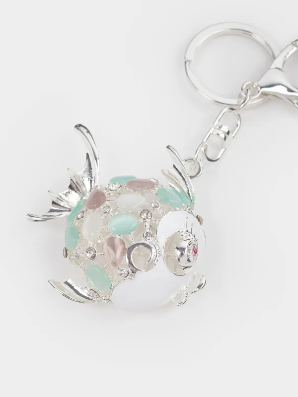 Keychain, 12 cm, metal / rhinestones, gold, Fish ball, Keychain crystal, image-1