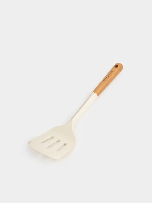 Spatula, 32 cm, with slots, silicone/wood, milky, Legerity, image-2
