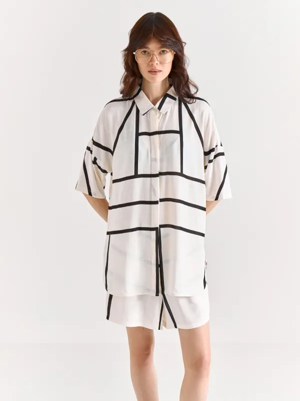Women's shirt, size S, with short sleeves, viscose, black and white, Lines, Nataly, image-4