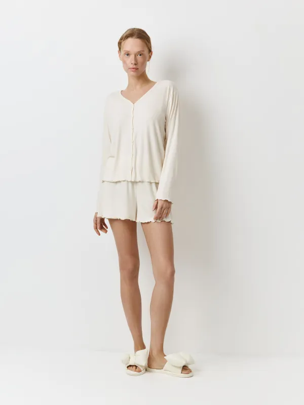 Women's shorts, homewear, size L, with ruffles, modal/spandex, milky, Rosemary, image-0