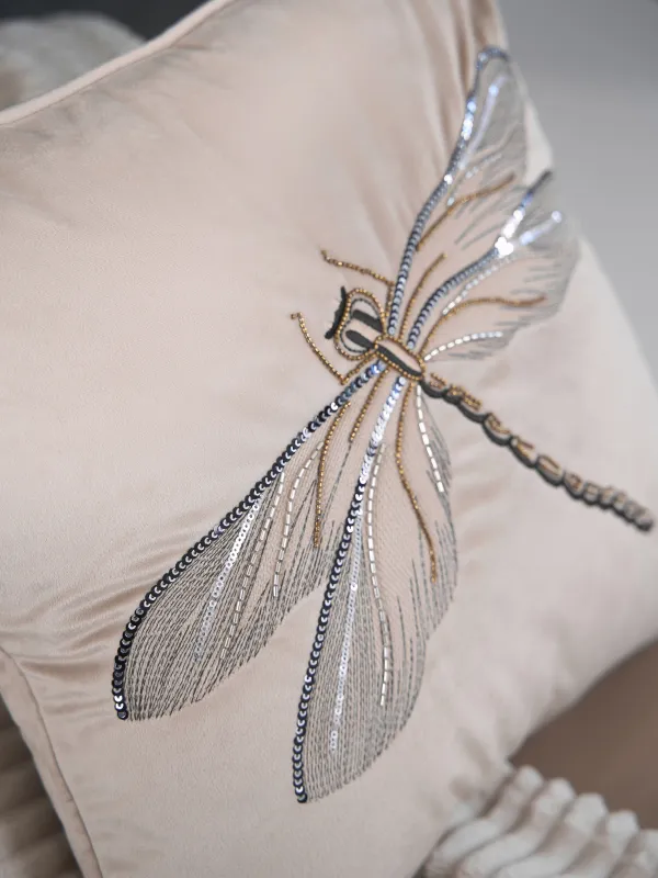 Decorative pillow, 45x45, corduroy / beads, beige, Dragonfly, Dragonfly, image-3