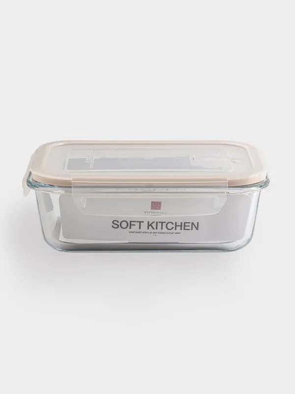 Container, 1 L, with clips, with valve, glass T / plastic, rectangular, Soft kitchen, image-5