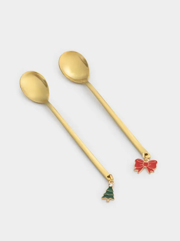 Dessert spoon, 14 cm, 2 pcs, steel, golden, Bow/Christmas tree, Christmas traditions, image-0