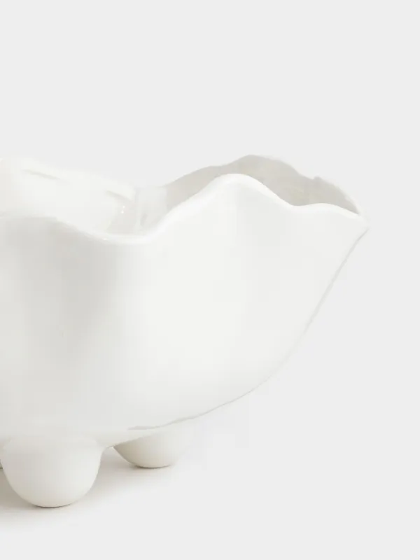 Fruit bowl, 25x13 cm, on legs, ceramic, milky, pearl, Crumpled effect, Crumple polar, image-3