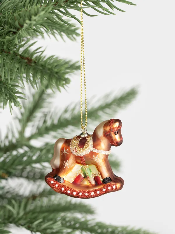 Christmas tree toy, 4 cm, glass, with glitter, brown, Rocking horse, Figure christmas, image-3