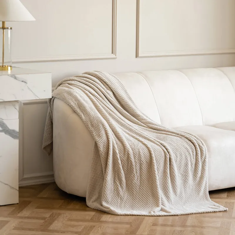 Plaid, 140x190 cm, flannel, beige, Grid, Flannel