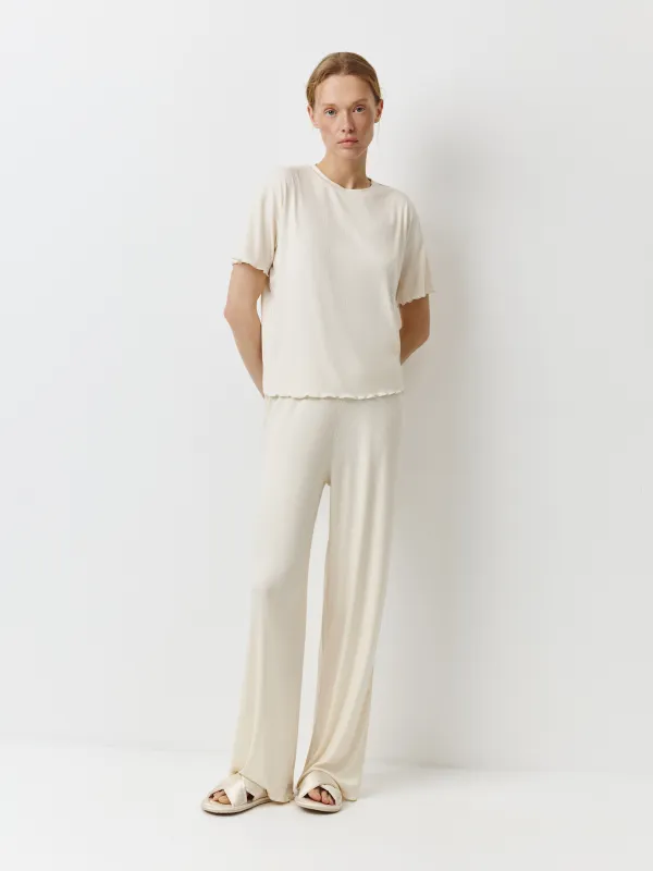 Women's trousers, homewear, size L, with ruffles, modal/spandex, milky, Rosemary, image-0