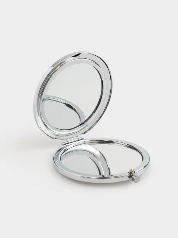 Pocket mirror, 7 cm, double-sided, steel, silver, Black sequins, Actress, image-1