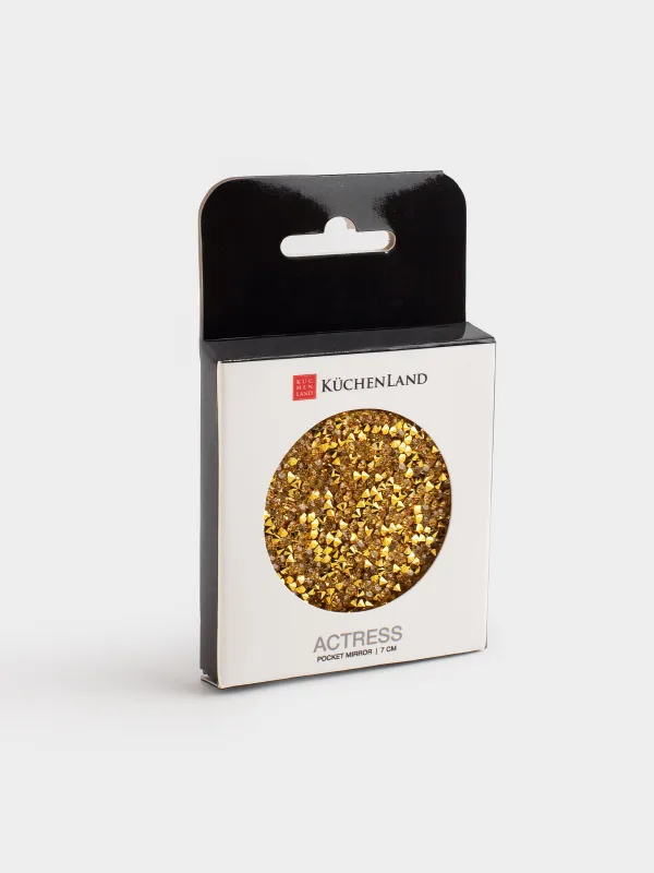Pocket mirror, 7 cm, double-sided, steel, gold, Sequins, Actress, image-4