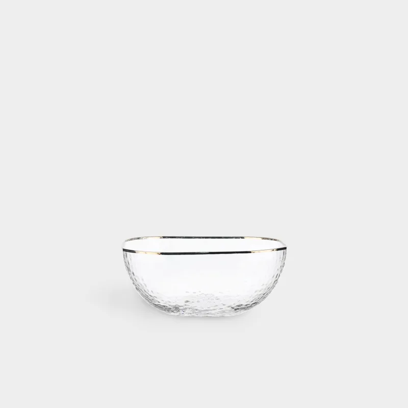 Salad bowl, 16x7 cm, glass, square, with golden edging, Ripply gold