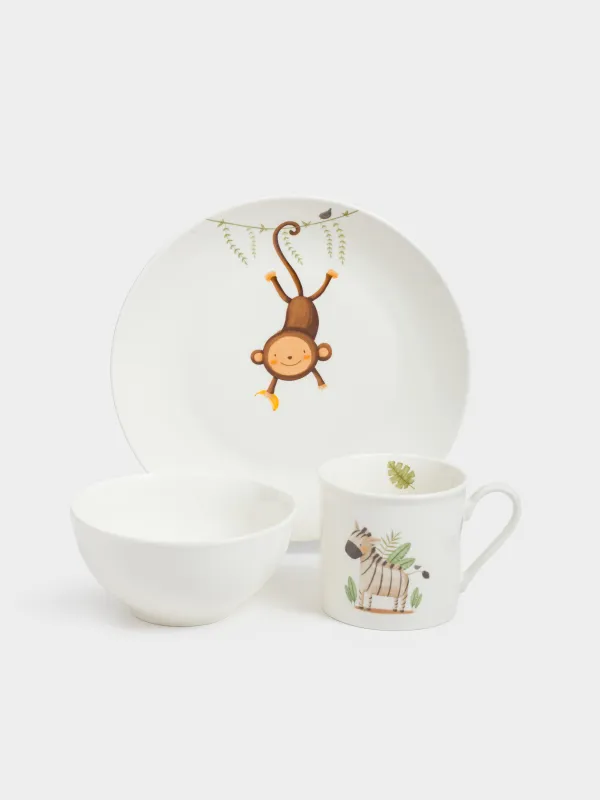Children's tableware set, 1 person, 3 items, porcelain N, white, Safari, Jungle, image-0