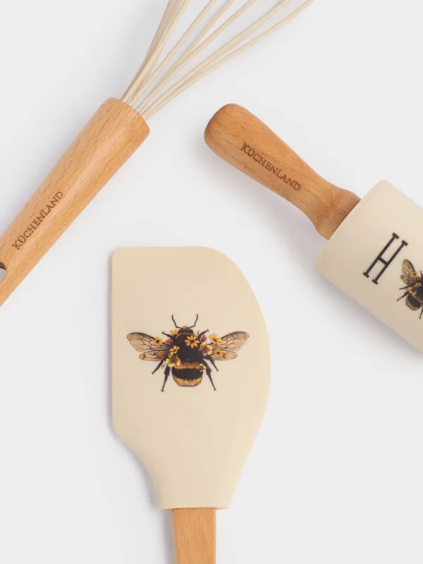 Baking set, 3 items, spatula /whisk/Rolling pin, silicone / wood, beige, Bumblebee, Honey, image-3