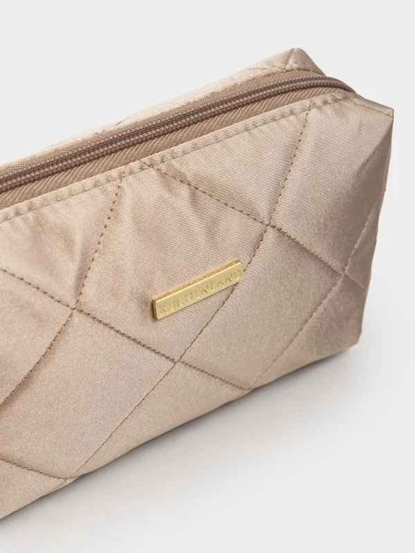 Makeup bag, 20x10 cm, quilted, satin, beige, Quilted silk, image-3