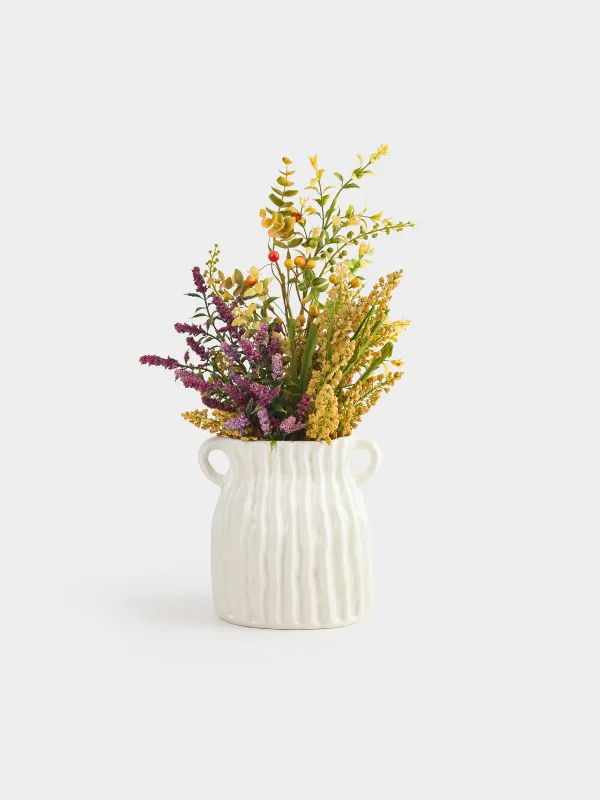 Flower vase, 18 cm, with handles, ceramic, White, Textured lines, Wavy, image-5