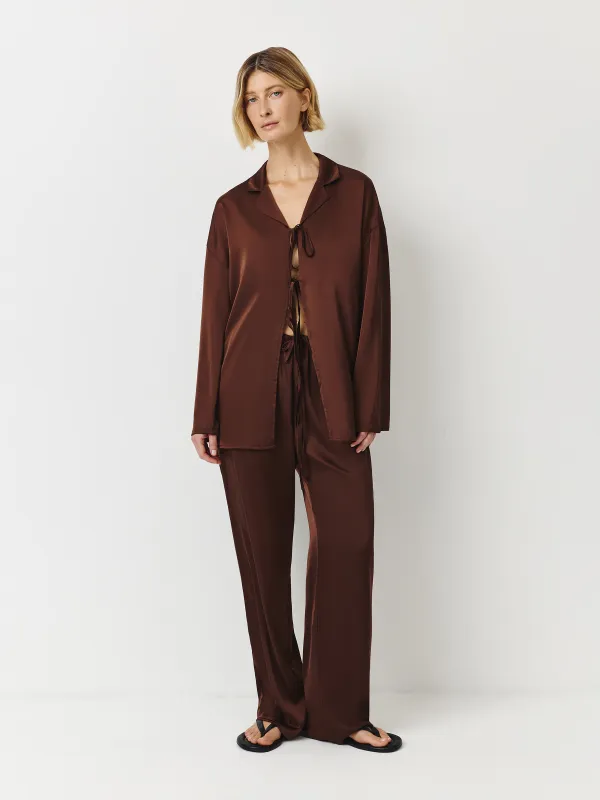 Women's shirt, homewear, size L, with long sleeve, with ties, polyester, brown, Derin, image-1