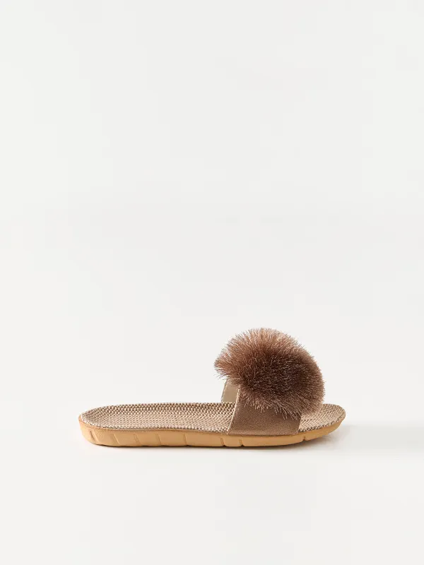 Women's slippers, size 35-36, with pompom, polyester / linen, brown, Pompon, image-0