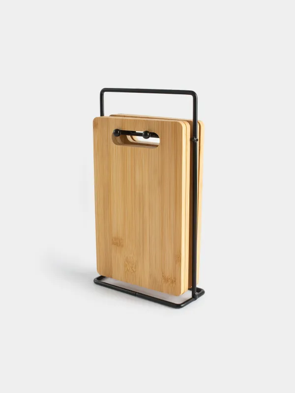 Cutting board, 22x14 cm, 4 pcs, on a stand, bamboo / steel, rectangular, Bamboo, image-4