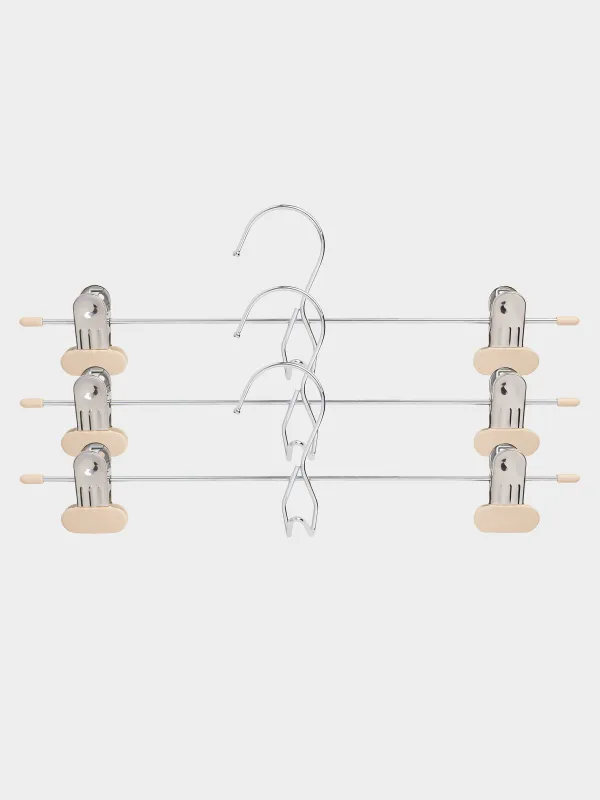 Hanger for trousers/skirts, 33 cm, 3 pcs, with clips, coated metal, beige, Colorful house, image-0