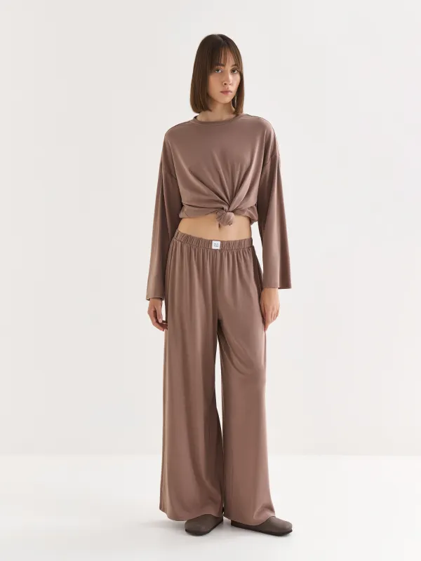 Women's trousers, homewear, size L, cotton / viscose/spandex, beige melange, Wiana, image-0