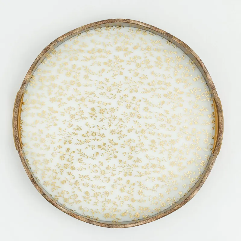 Tray, 35 cm, plastic / glass, round, Golden, Flowers, Floral, image-3