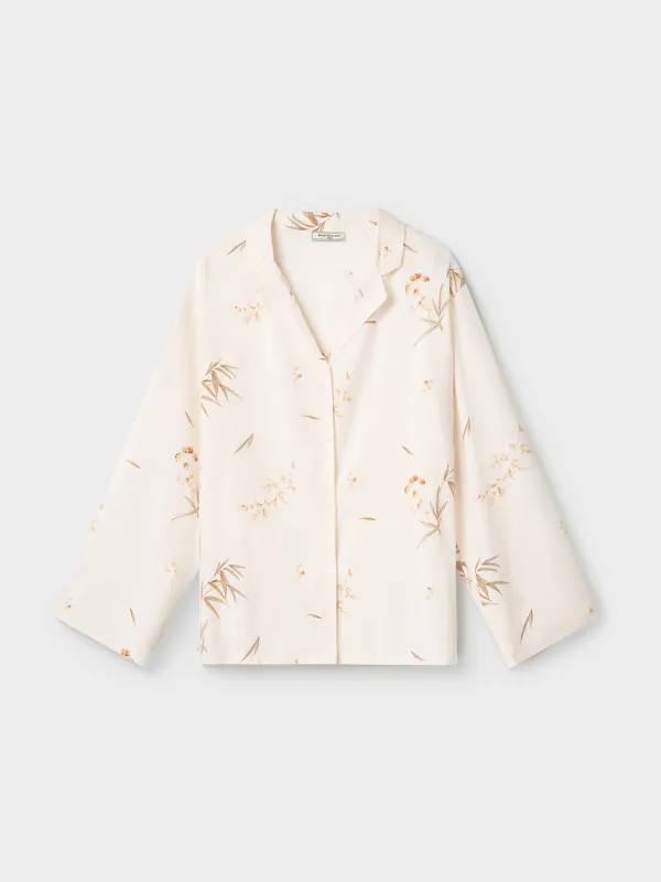 Women's shirt, homewear, size M, with long sleeve, viscose, milky, Flowers, Norla, image-6