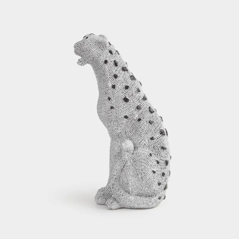 Statuette, 29 cm, polyresin / rhinestones, silver, Leopard, Leopard, image-2