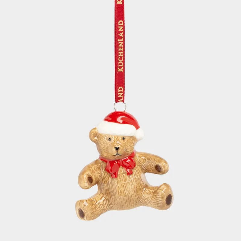 Christmas tree toy, 6 cm, ceramic, milky, Bear with bow, Figure christmas