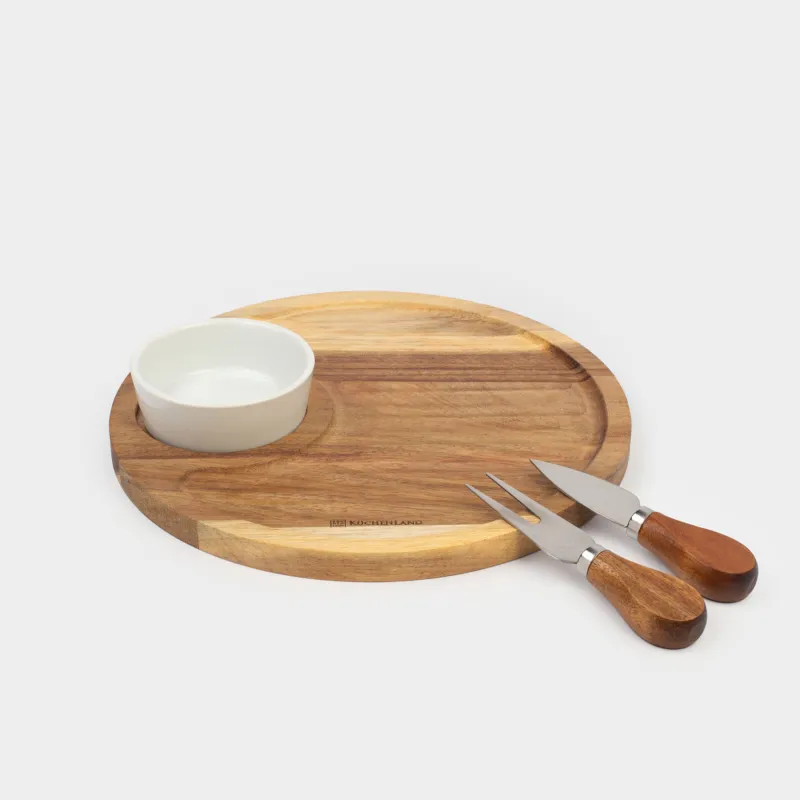 Cheese set, 4 pcs, dish board/bowl, steel / ceramic / wood, Circle, Noble tree