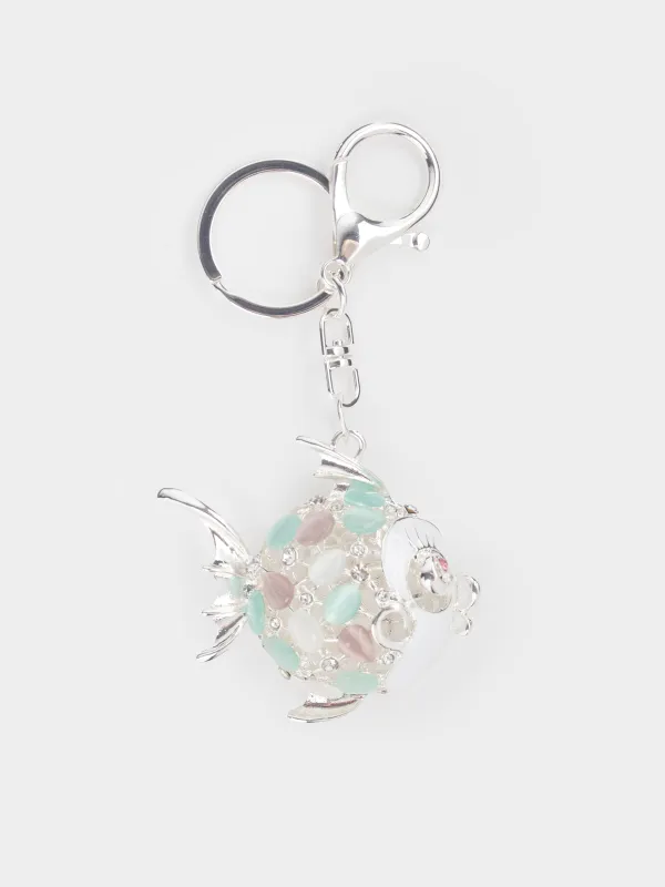 Keychain, 12 cm, metal / rhinestones, gold, Fish ball, Keychain crystal, image-2