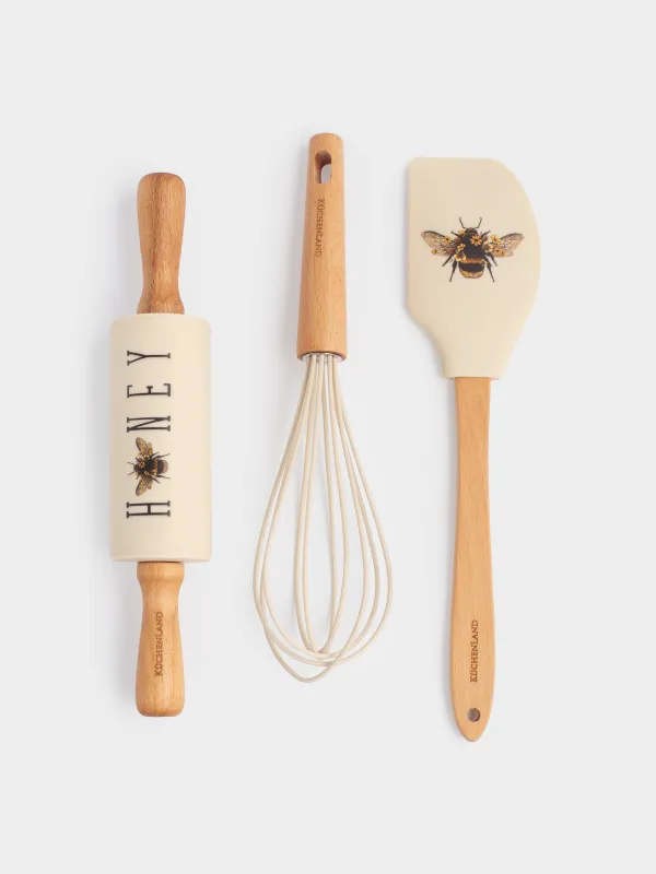 Baking set, 3 items, spatula /whisk/Rolling pin, silicone / wood, beige, Bumblebee, Honey, image-0